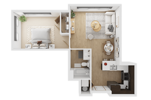 A top-down view of a small, neatly organized apartment with a bedroom, bathroom, and kitchen  at Spyglass Hill Apartments, Bremerton, 98337